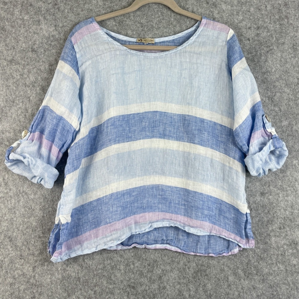 Made in Italy Linen Top Womens Medium Blue Roll Tab Sleeve Gauzy Beach Coastal